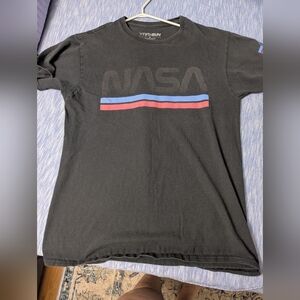 Fifth Sun Black NASA T-Shirt with Red and Blue Stripes Vintage Look